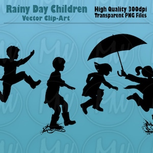 Rainy Day Children Silhouettes, Boys, Girls, Wellies, Umbrella, Rain, Galoshes, Child, Silhouette, Clip art, Vector Illustration, 116 image 1