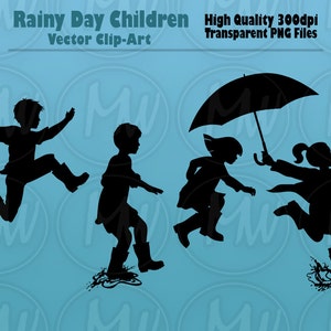 Regentag Kinder Silhouetten, Jungen, Mädchen, Gummistiefel, Regenschirm, Regen, Gummistiefel, Kind, Silhouette, Clip Art, Vektor-Illustration, #116
