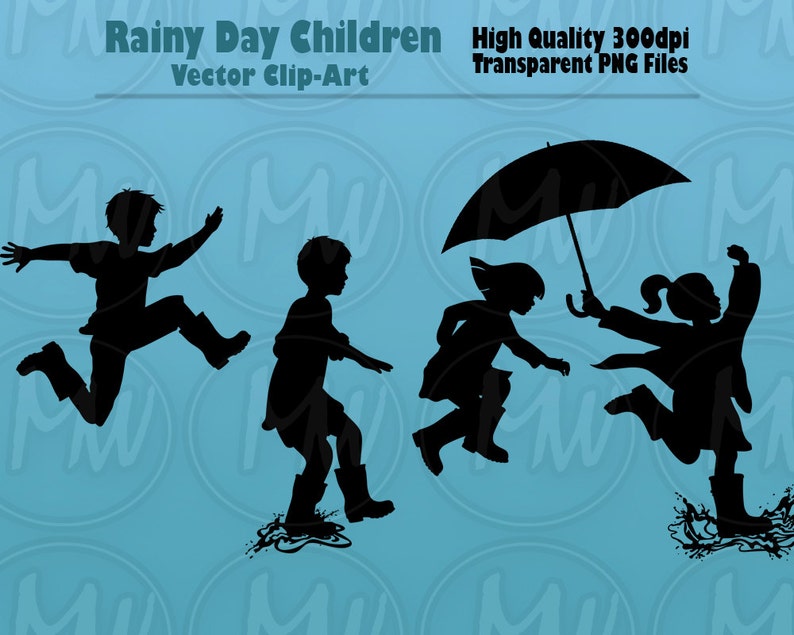 Rainy Day Children Silhouettes, Boys, Girls, Wellies, Umbrella, Rain, Galoshes, Child, Silhouette, Clip art, Vector Illustration, 116 image 1