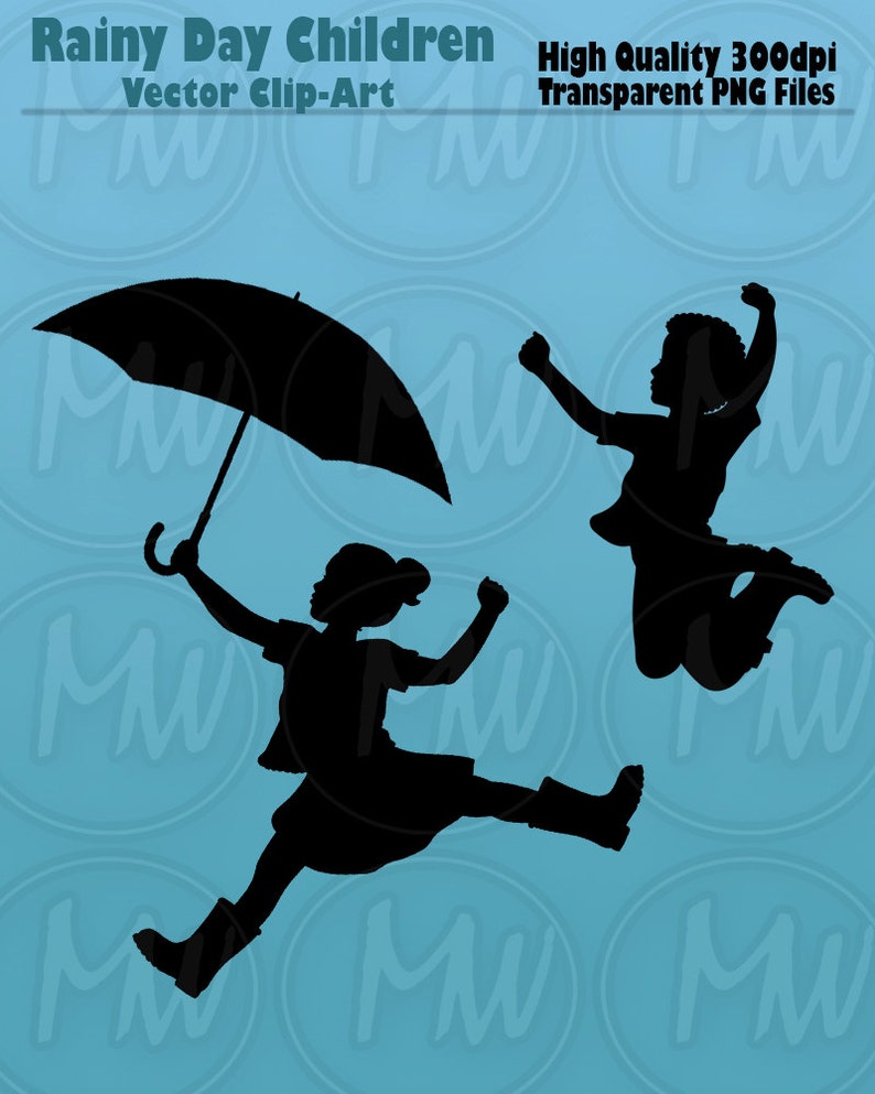 Rainy Day Children Silhouettes, Boys, Girls, Wellies, Umbrella, Rain, Galoshes, Child, Silhouette, Clip art, Vector Illustration, 116 image 3