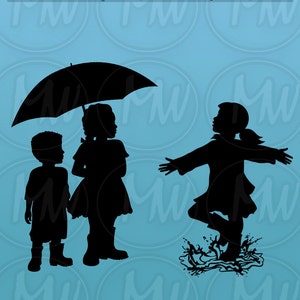 Rainy Day Children Silhouettes, Boys, Girls, Wellies, Umbrella, Rain, Galoshes, Child, Silhouette, Clip art, Vector Illustration, 116 image 4