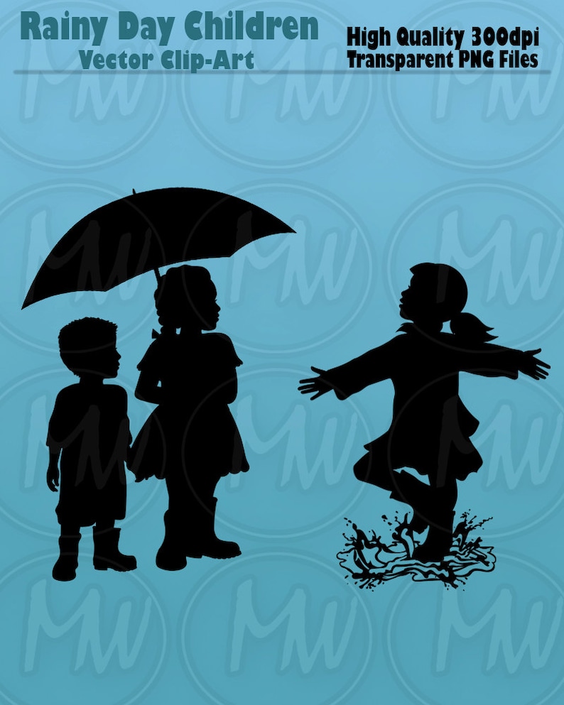 Rainy Day Children Silhouettes, Boys, Girls, Wellies, Umbrella, Rain, Galoshes, Child, Silhouette, Clip art, Vector Illustration, 116 image 4