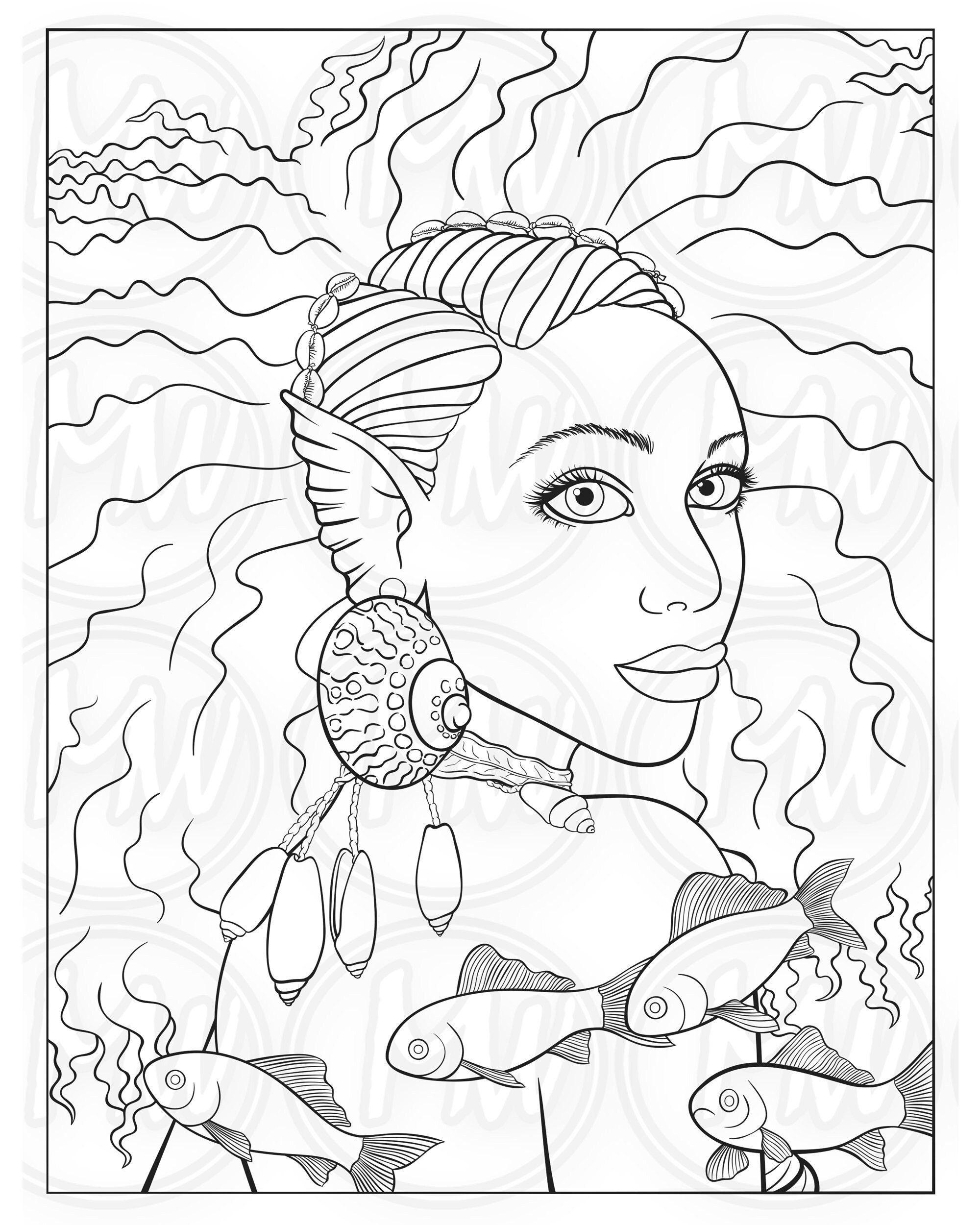 Mermaid, African American, Line Art, Coloring Page, Fantasy Art Etsy