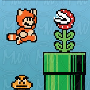 Peut inclure: Une illustration pixelis&eacute;e d'un personnage du jeu vid&eacute;o Super Mario Bros. 3. Le personnage porte une combinaison de raton laveur rouge et orange et est assis sur une plateforme verte. Il y a un tuyau vert avec une fleur rouge et blanche au-dessus. Le fond est bleu.