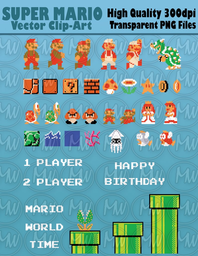 May include: A set of Super Mario Bros. pixel art clip art images. The images include Mario, Luigi, Princess Peach, Bowser, Goombas, Koopa Troopas, and other characters and objects from the game. The images are in a blue background with the text "Super Mario Vector Clip-Art High Quality 300dpi Transparent PNG Files".