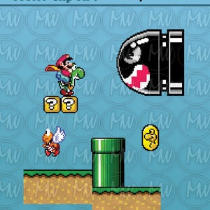 Puede incluir: Una imagen pixelada de una escena del videojuego Super Mario. Mario est&aacute; montando a Yoshi, un dinosaurio verde, y est&aacute;n saltando sobre dos bloques de interrogaci&oacute;n. Un tubo verde est&aacute; en el lado derecho de la imagen, y una moneda de oro flota en el aire. Un Bullet Bill negro y rojo est&aacute; volando hacia el lado izquierdo de la imagen. El fondo es un cielo azul claro con nubes blancas.