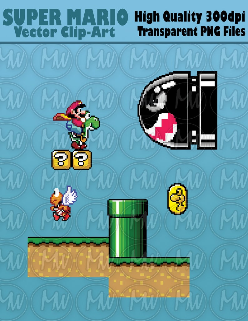 Puede incluir: Una imagen pixelada de una escena del videojuego Super Mario. Mario est&aacute; montando a Yoshi, un dinosaurio verde, y est&aacute;n saltando sobre dos bloques de interrogaci&oacute;n. Un tubo verde est&aacute; en el lado derecho de la imagen, y una moneda de oro flota en el aire. Un Bullet Bill negro y rojo est&aacute; volando hacia el lado izquierdo de la imagen. El fondo es un cielo azul claro con nubes blancas.