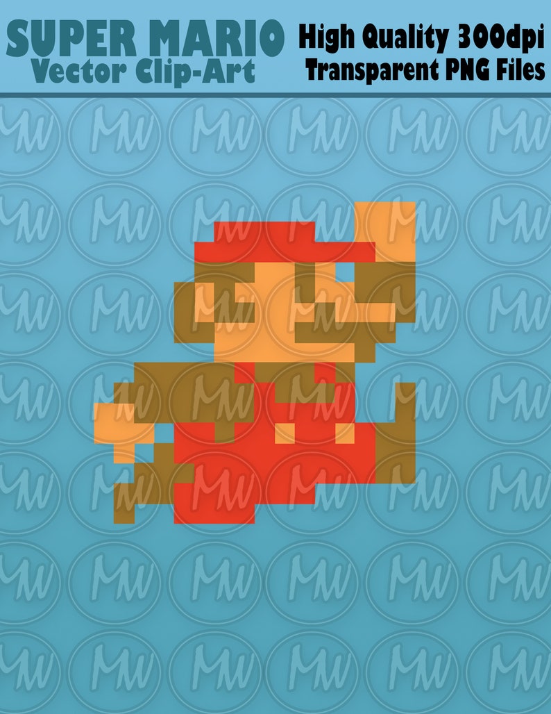 May include: Pixel art illustration of Super Mario, a video game character, running to the right. He is wearing a red jumpsuit, brown gloves, and a red hat. The background is a light blue color.