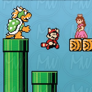 Peut inclure: Une image pixelis&eacute;e d'un tuyau vert, d'un personnage brun ressemblant &agrave; une tortue avec une carapace verte, d'un personnage rouge avec une queue rouge et d'un personnage de princesse rose. Les personnages sont du jeu vid&eacute;o Super Mario Bros. 3.