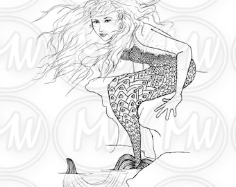 Mermaid, Coloring Page, Digital Stamp, Printable, Black & White, Illustration, Coloring Book, Instant download, Line Art, Crafts, Cards #130