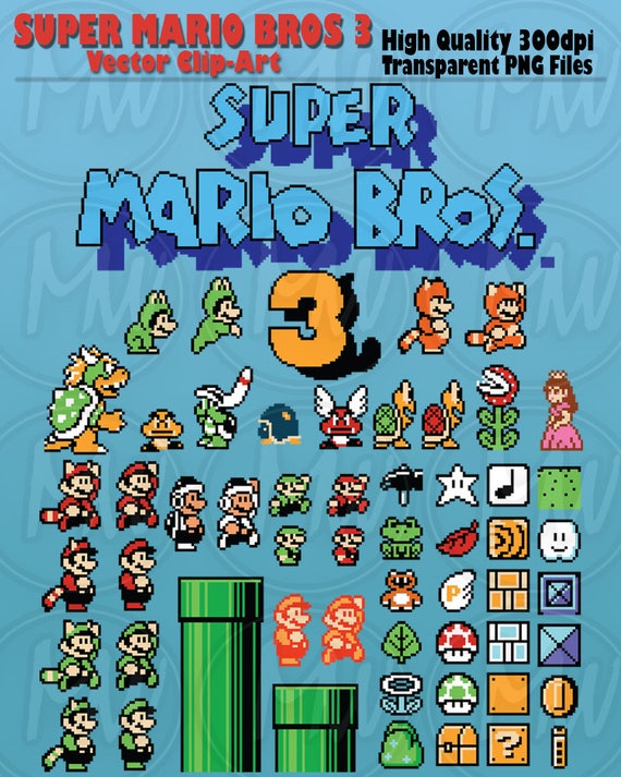 Super Mario Bros 3, Clipart, Mario, Pixels, 8-bit, Vector, Classic, Game,  Art, Digital, Stamp, Scrapbook, Instant Download, Clip Art, 121 