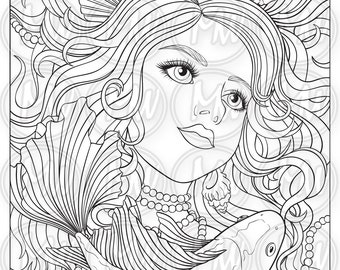 Adult Coloring Page, Mermaid Fantasy, Woman, Girl, Face, Instant Download