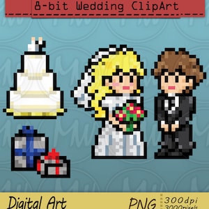Clipart matrimonio a 8 bit, Clip art matrimonio, Invito matrimonio, Sposa, Sposo, Fatto a mano, Album di ritagli, Download immediato, Timbro digitale #084