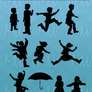 Rainy Day Children Silhouettes, Boys, Girls, Wellies, Umbrella, Rain, Galoshes, Child, Silhouette, Clip art, Vector Illustration, 116 image 2