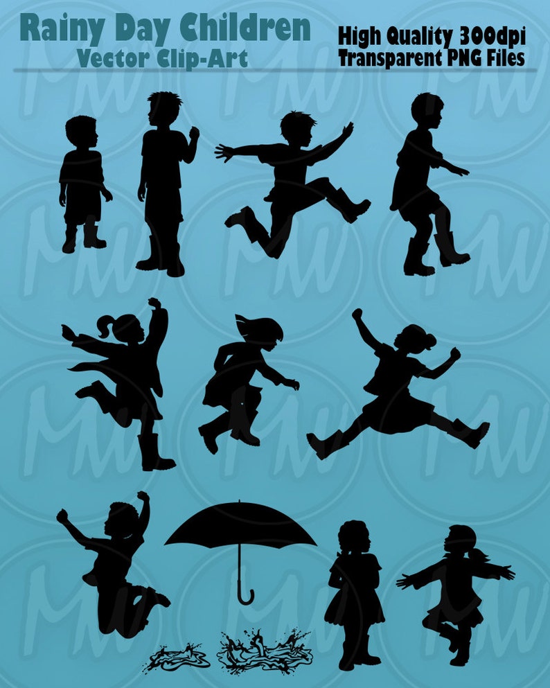 Rainy Day Children Silhouettes, Boys, Girls, Wellies, Umbrella, Rain, Galoshes, Child, Silhouette, Clip art, Vector Illustration, 116 image 2