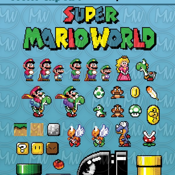 Super Mario World 1, Clipart, Mario, Pixels, 8-bit, Vector, Classic, Game, Art, Digital, Stamp, Scrapbook, Instant Download, Clip art, SVG