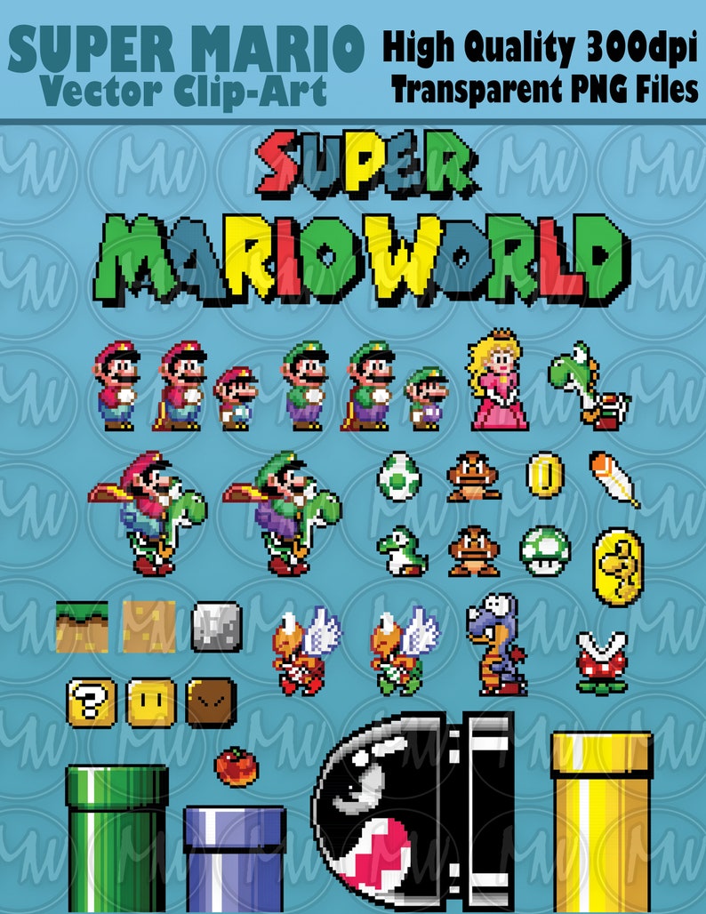Puede incluir: Un conjunto de personajes y objetos pixelados de Super Mario World, que incluyen a Mario, Luigi, la princesa Peach, Yoshi y varios potenciadores y enemigos. Los personajes est&aacute;n en una variedad de poses y los objetos est&aacute;n en una variedad de colores. La imagen est&aacute; en un estilo de videojuego retro.