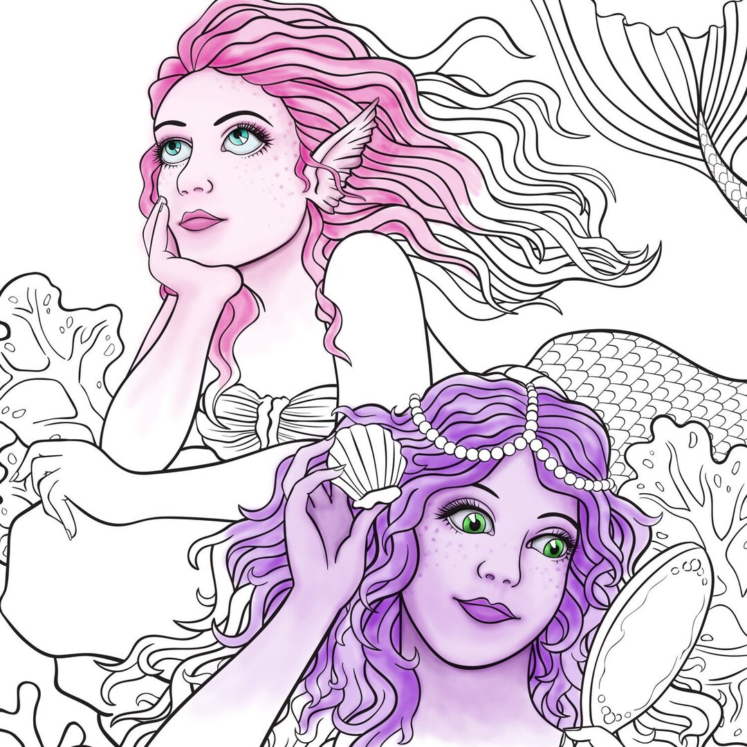 Waiting for a Friend Adult Coloring Page Mermaid Fantasy - Etsy