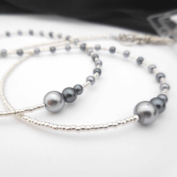 Lanyard Necklace, Long Beaded Necklace, Badge Lanyard, Pearl Necklace, Breakaway Lanyard, Key Lanyard, Fashion Lanyard, Gray, Silver