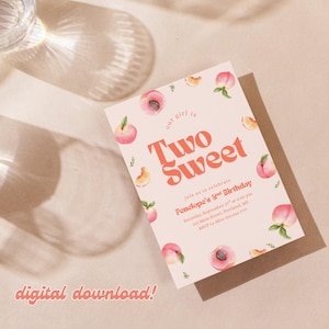 Two Sweet Birthday Invitation | Editable Peach Birthday Invite | Canva Template | Digital Download | Girl’s 2nd Birthday Party Printable