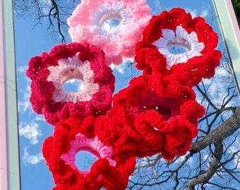 Crochet Mini Heart Ruffle Valentine’s Day Scrunchies | Pink, Red, & White Love Hair Ties | Crochet Hair Accessory | Lovecore Hair Bands