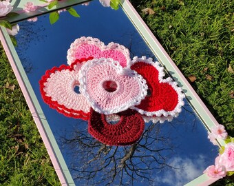 Lovecore Crochet Heart Shaped Valentine’s Day Scrunchies | Pink, Red, & White Love Hair Ties | Crochet Hair Accessory with Lace Trim Detail