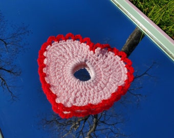 Pink & Red Crochet Heart Shaped Valentine's Hair Band | Love Hair Tie | Lace Trim Detail | Valentine’s Day Gifts | Elastic Hair Accessory