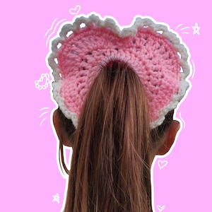 Crochet Pink and White Lace Edge Frilly Scrunchie Hair Tie Hair Accessory