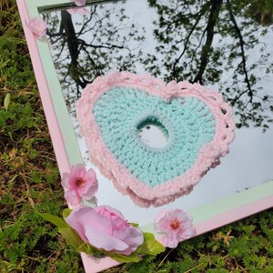 Mint Green & Pink Love Hair Tie | Lovecore Crochet Heart Shaped Spring Scrunchie | Crochet Hair Accessory with Lace Trim | Cute Gifts