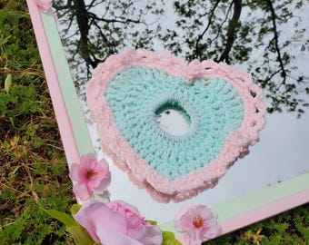 Mint Green & Pink Love Hair Tie | Lovecore Crochet Heart Shaped Spring Scrunchie | Crochet Hair Accessory with Lace Trim | Cute Gifts