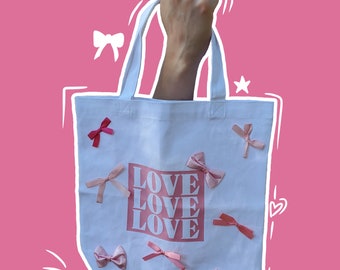Love Love Love Bow Canvas Tote Bag
