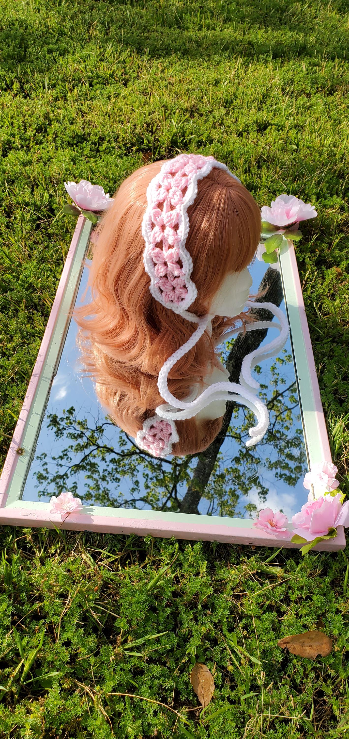 Crochet Pink & White Flower Headband | Cottagecore Floral  display picture 2
