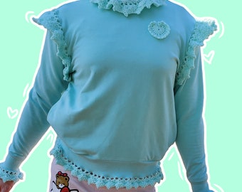 Mint Green Fairy Kei Inspired Crochet Detail Sweater