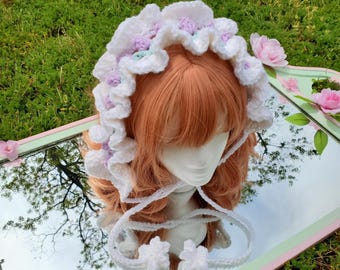 Frilly Crochet Lilac & White Tulip Headband | Floral Cottagecore  Hairband | Fairy Crochet Hair Accessory | Flowers Handmade Hair Band