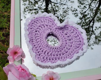 Lovecore Crochet Heart Shaped Valentine’s Day Scrunchie | Purple & White Love Hair Ties | Crochet Hair Accessory with Lace Trim Detail