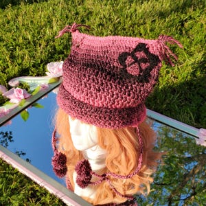 Pink & Black Rave Cat Ear Beanie | Kawaii Cute Cat Beanie | Alternative Fashion Striped Hat | Animal Ear Cute Y2k Beanie | Crochet Handmade