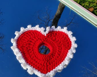 Red & White Lovecore Crochet Heart Shaped Valentine’s Day Scrunchie | Love Hair Ties | Crochet Hair Accessory with Lace Trim Detail | Gift