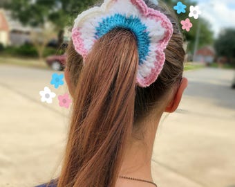 Trans Pride Crochet Flower Scrunchies For Charity