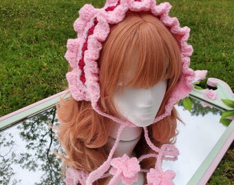 Pink Crochet Strawberry Headband | Frilly Crochet Hairband | Plum Cottagecore Spring Hair Band | Handmade Crochet Fairy Hair Accessory