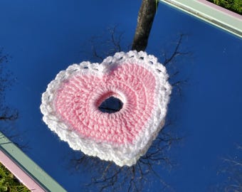 Crochet Heart Scrunchie | Pink & White Love Hair Tie | Hair Band | Lace Trim Detail | Valentine’s Day Gifts for Her | Elastic Hair Accessory