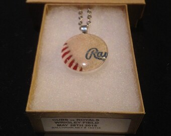 Baseball pendant necklace mlb game used ball piece Chicago Cubs vs Kansas City Royals @ Wrigley Field