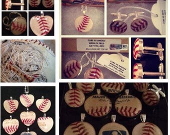 MLB Baseball Jewelry Cufflinks - Earrings  - Pendant - Ring - Tie Clip - Key Chain - Hrt Pnd - authentic handmade game used all teams