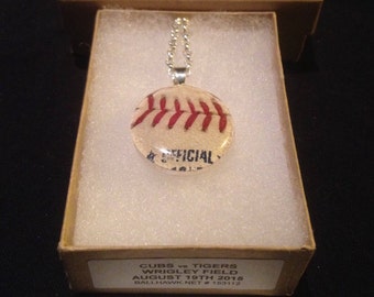 Baseball pendant necklace mlb game used ball piece Chicago Cubs vs Detroit Tigers @ Wrigley Field