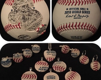 Boston Red Sox Los Angeles Dodgers 2018 World Series Rawlings baseball jewelry. Cufflinks Earrings Pendants MLB