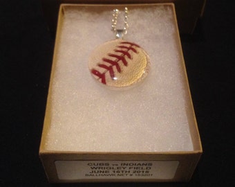 Baseball pendant necklace mlb game used ball piece Chicago Cubs vs Cleveland Indians @ Wrigley Field