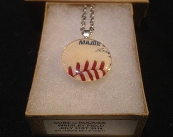 Baseball pendant necklace mlb game used ball piece Chicago Cubs vs Colorado Rockies @ Wrigley Field