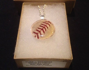 Baseball pendant necklace mlb game used ball piece Chicago Cubs vs Milwaukee Brewers @ Wrigley Field