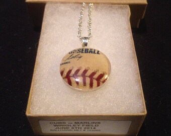 Baseball pendant necklace mlb game used ball piece Chicago Cubs vs Miami Marlins @ Wrigley Field