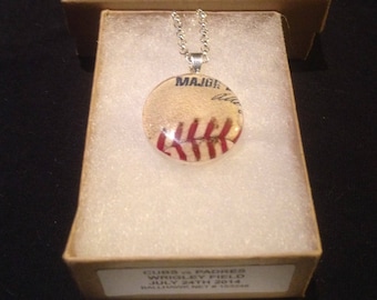 Baseball pendant necklace mlb game used ball piece Chicago Cubs vs San Diego Padres @ Wrigley Field