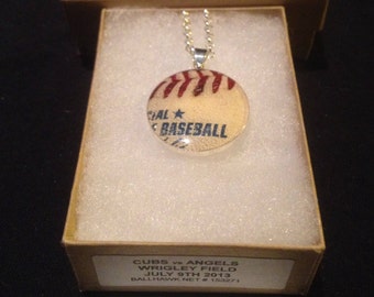 Baseball pendant necklace mlb game used ball piece Chicago Cubs vs Los Angeles Angels @ Wrigley Field